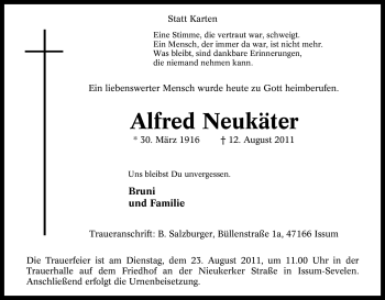 Traueranzeige von Alfred Neukäter von Tageszeitung