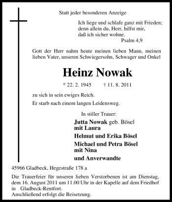 Traueranzeige von Heinz Nowak von Tageszeitung