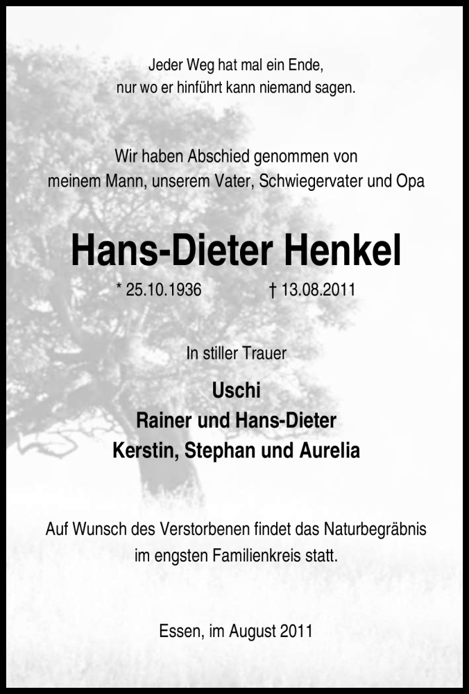  Traueranzeige für Hans-Dieter Henkel vom 17.08.2011 aus Tageszeitung