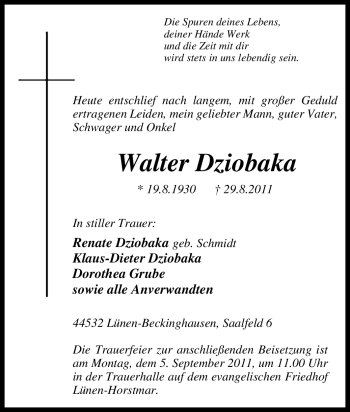 Traueranzeige von Walter Dziobaka von Tageszeitung