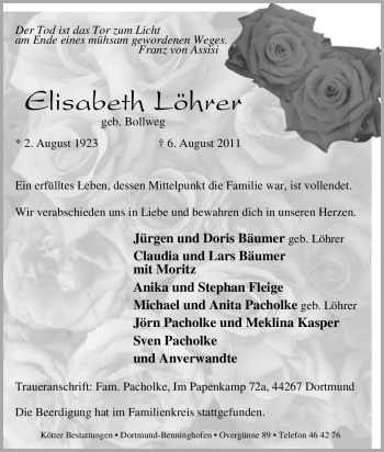 Traueranzeige von Elisabeth Löhrer von Tageszeitung