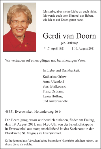 Traueranzeige von Gerdi van Doorn von Tageszeitung