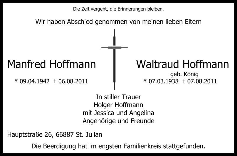 Traueranzeige für Waltraud Hoffmann vom 24.08.2011 aus Tageszeitung