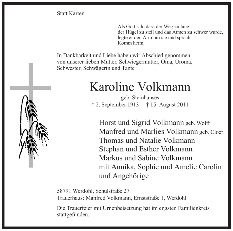  Traueranzeige für Karoline Volkmann vom 25.08.2011 aus Tageszeitung
