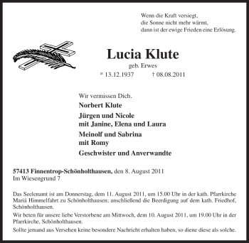 Traueranzeige von Lucia Klute von Tageszeitung