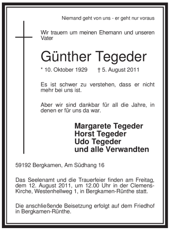 Traueranzeige von Günther Tegeder von Tageszeitung