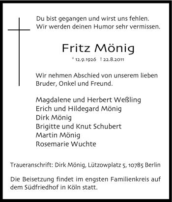 Traueranzeige von Fritz Mönig von Tageszeitung