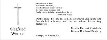 Traueranzeige von Siegfried Wenzel von Tageszeitung