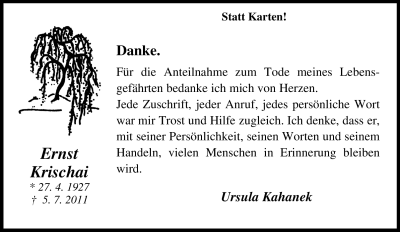  Traueranzeige für Ernst Krischai vom 02.08.2011 aus Tageszeitung