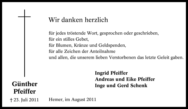 Traueranzeige für Günther Pfeiffer vom 29.08.2011 aus Tageszeitung