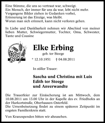Traueranzeige von Elke Erbing von Tageszeitung