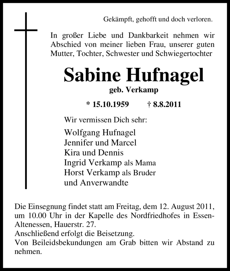  Traueranzeige für Sabine Hufnagel vom 11.08.2011 aus Tageszeitung