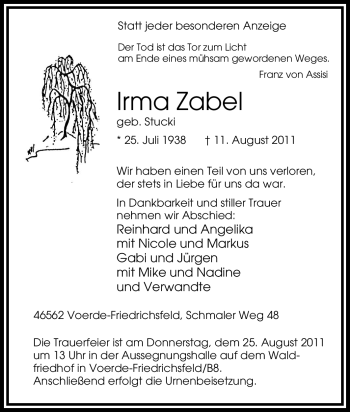 Traueranzeige von Irma Zabel von Tageszeitung