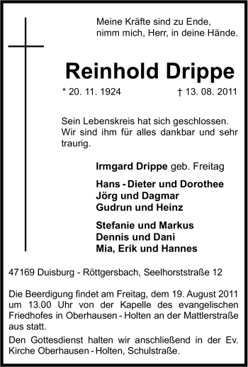 Traueranzeige von Reinhold Drippe von Tageszeitung