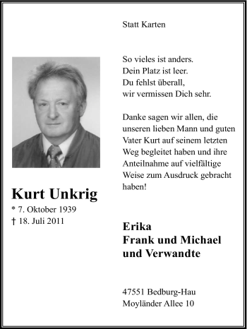 Traueranzeige von Kurt Unkrig von Tageszeitung