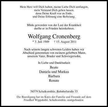 Traueranzeige von Wolfgang Cronenberg von Tageszeitung