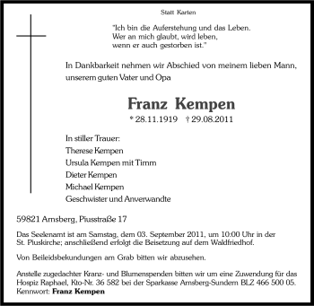 Traueranzeige von Franz Kempen von Tageszeitung