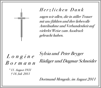 Traueranzeige von Longine Bormann von Tageszeitung