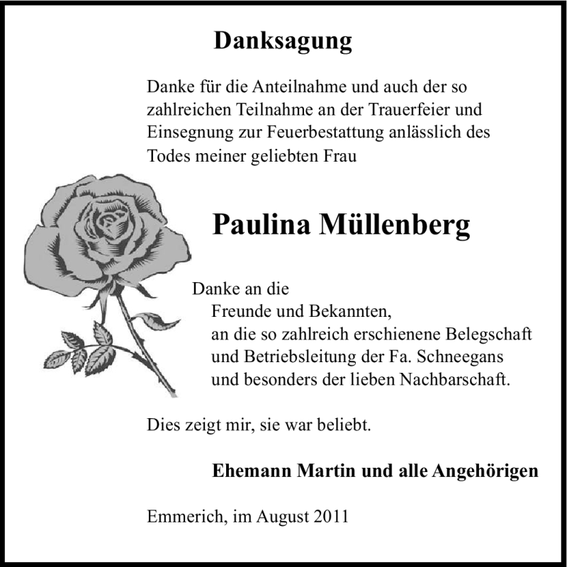 Traueranzeige für Paulina Müllenberg vom 17.08.2011 aus Tageszeitung