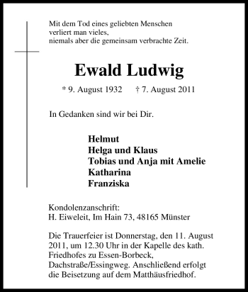 Traueranzeige von Ewald Ludwig von Tageszeitung