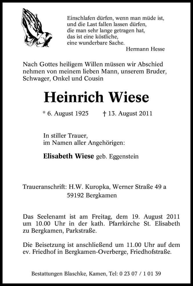  Traueranzeige für Heinrich Wiese vom 17.08.2011 aus Tageszeitung