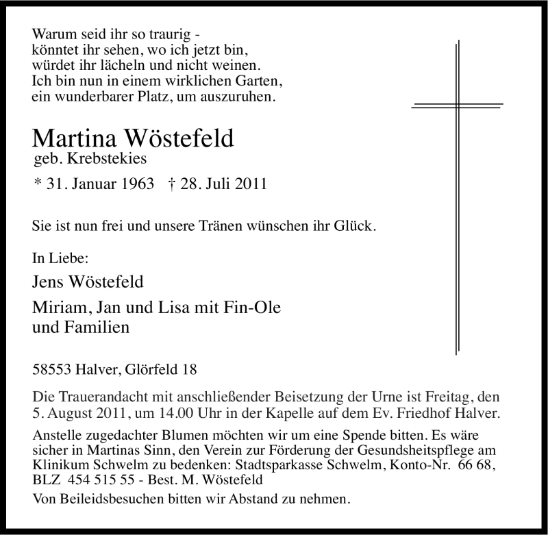  Traueranzeige für Martina Wöstefeld vom 02.08.2011 aus Tageszeitung