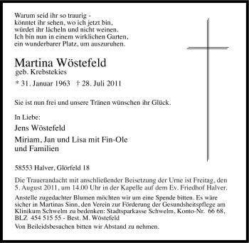 Traueranzeige von Martina Wöstefeld von Tageszeitung