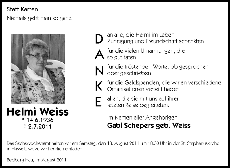  Traueranzeige für Helmi Weiss vom 11.08.2011 aus Tageszeitung