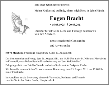 Traueranzeige von Eugen Bracht von Tageszeitung