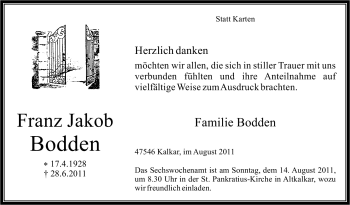 Traueranzeige von Franz Jakob Bodden von Tageszeitung
