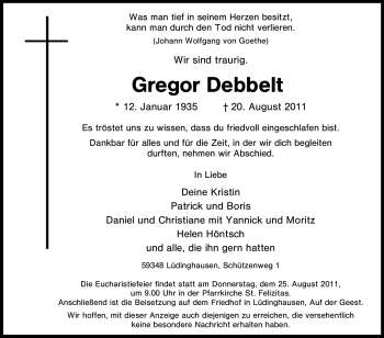 Traueranzeige von Gregor Debbelt von Tageszeitung