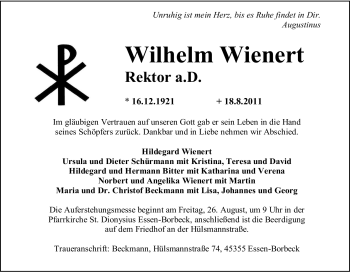 Traueranzeige von Wilhelm Wienert von Tageszeitung