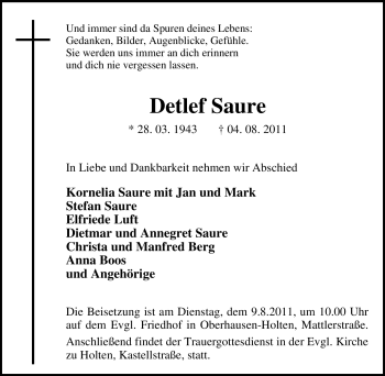 Traueranzeige von Detlef Saure von Tageszeitung