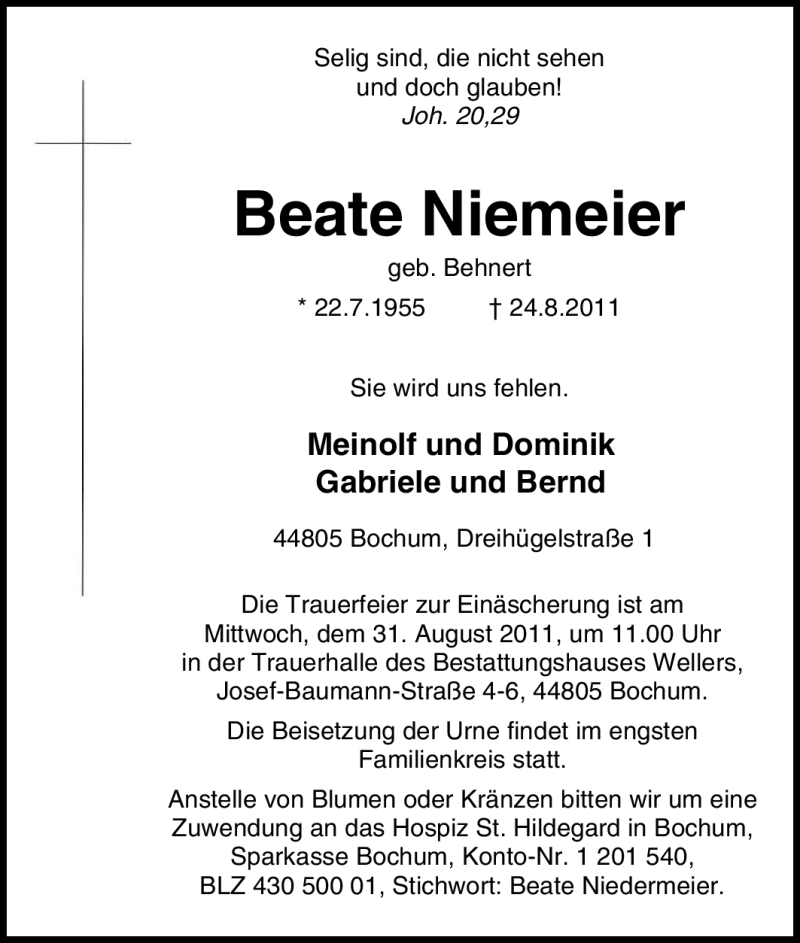  Traueranzeige für Beate Niemeier vom 30.08.2011 aus Tageszeitung