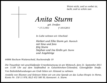 Traueranzeige von Anita Sturm von Tageszeitung
