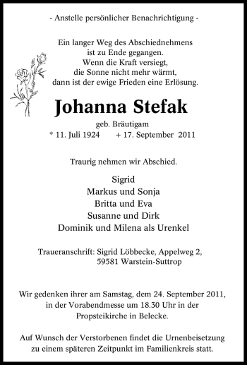 Traueranzeige von Johanna Stefak von Tageszeitung