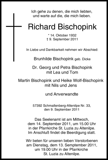 Traueranzeige von Richard Bischopink von Tageszeitung
