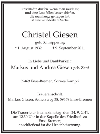 Traueranzeige von Christel Giesen von Tageszeitung