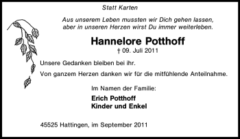 Traueranzeige von Hannelore Hannelore Potthoff von Tageszeitung