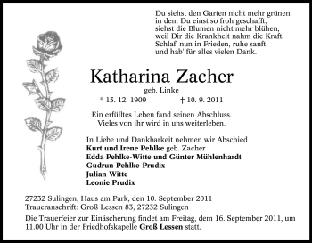Traueranzeige von Katharina Zacher von Tageszeitung