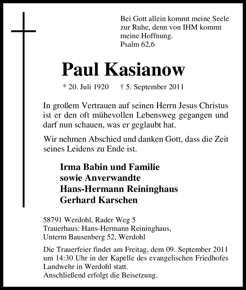  Traueranzeige für Paul Kasianow vom 07.09.2011 aus Tageszeitung