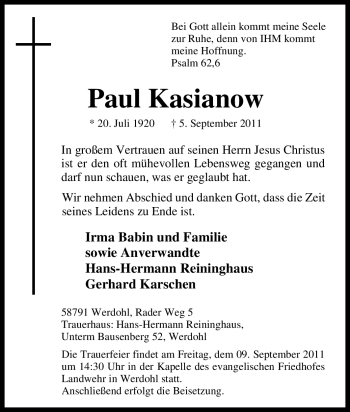 Traueranzeige von Paul Kasianow von Tageszeitung