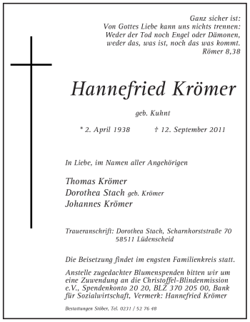 Traueranzeige von Hannefried Krömer von Tageszeitung