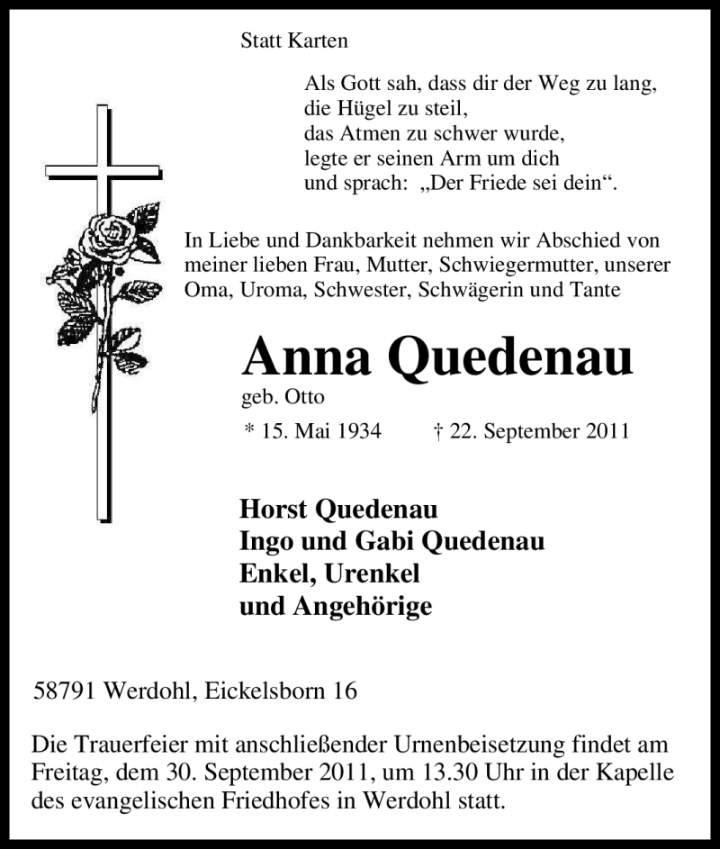  Traueranzeige für Anna Quedenau vom 27.09.2011 aus Tageszeitung