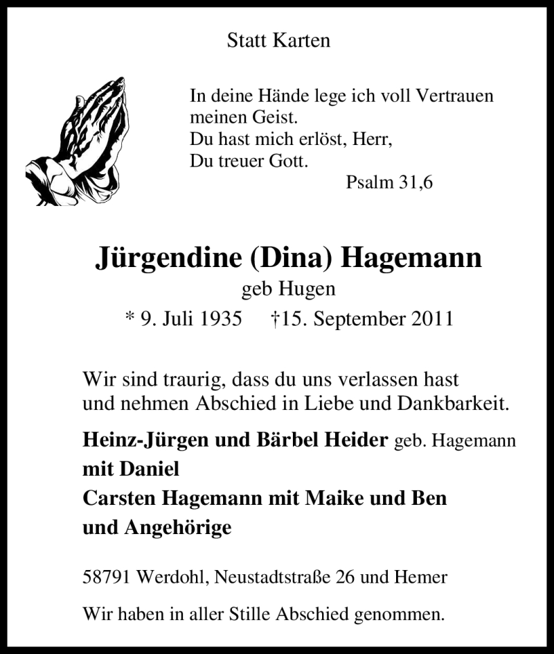  Traueranzeige für Jürgendine Hagemann vom 20.09.2011 aus Tageszeitung