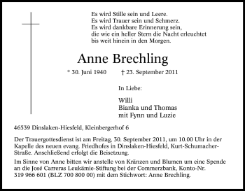 Traueranzeige von Anne Brechling von Tageszeitung