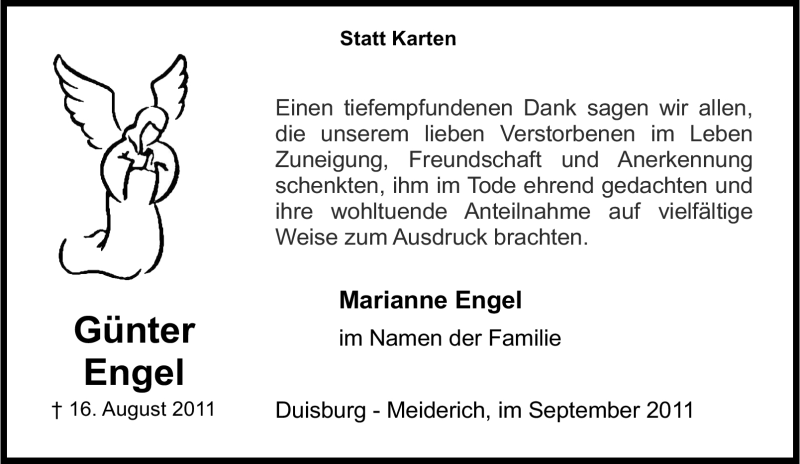  Traueranzeige für Günter Engel vom 24.09.2011 aus Tageszeitung