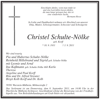 Traueranzeige von Christel Schulte-Nölke von Tageszeitung