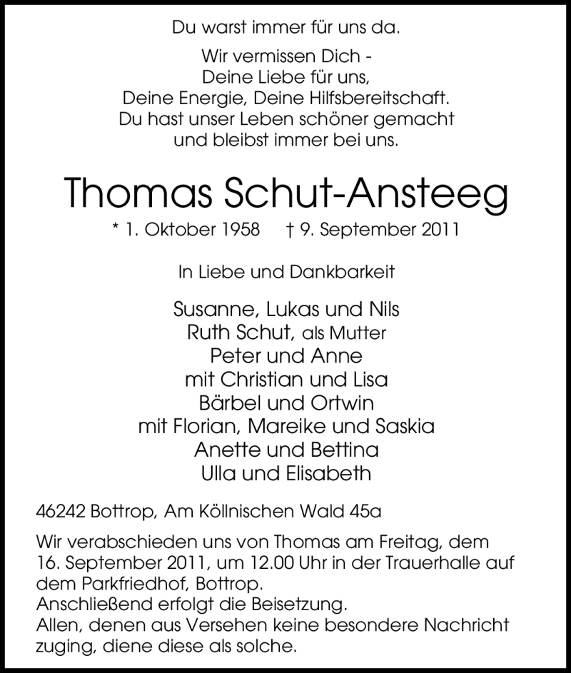  Traueranzeige für Thomas Schut-Ansteeg vom 14.09.2011 aus Tageszeitung