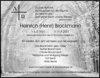 Traueranzeige von Heinrich Brockmann von Tageszeitung